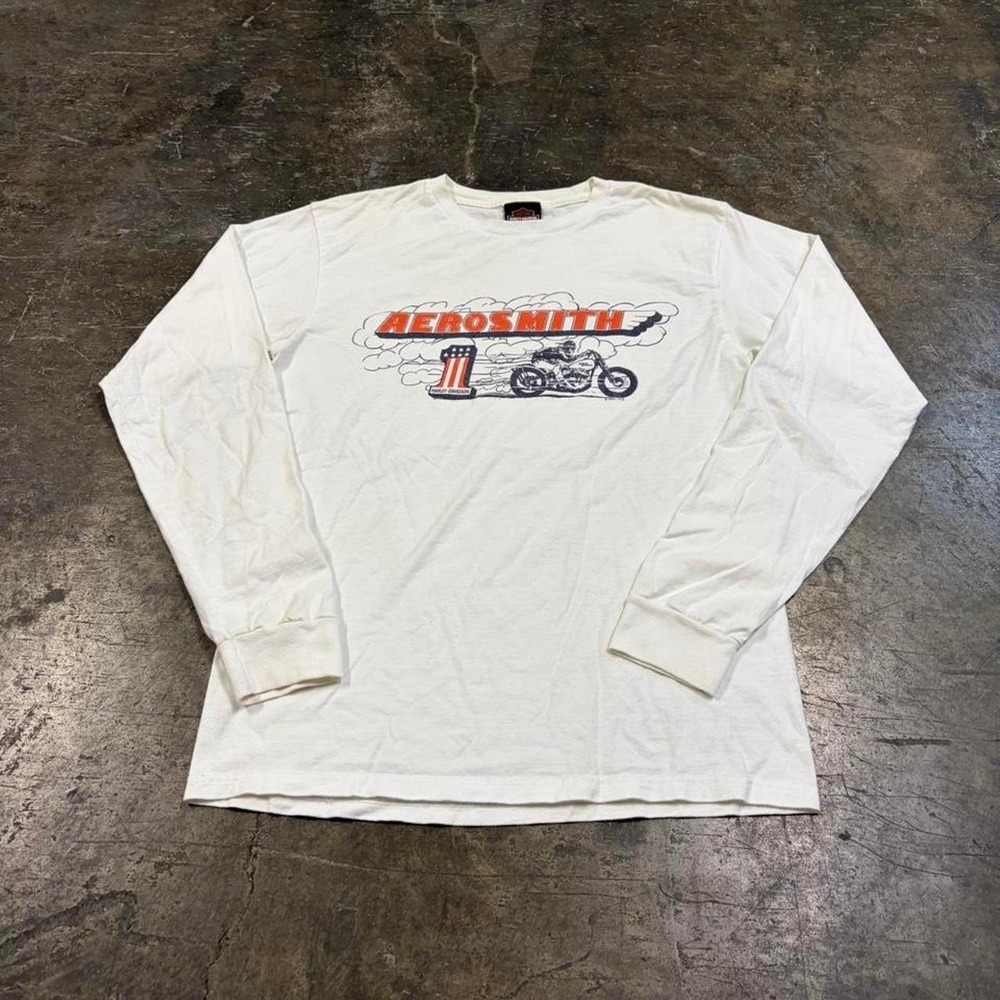 Harley Davidson Aerosmith White Long Sleeve Graphic T-Shirt Small 2000s Vintage